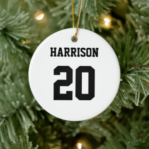 Varsity sports black white custom name number ceramic ornament