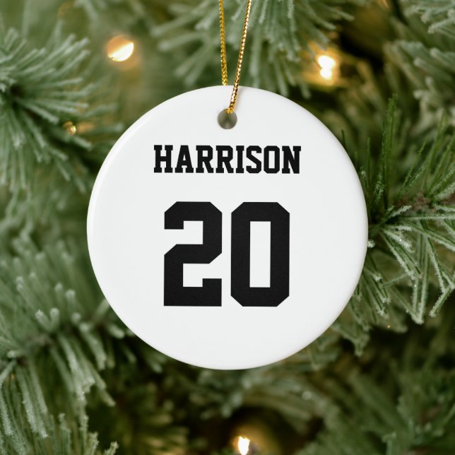 Varsity sports black white custom name number ceramic ornament (Tree)