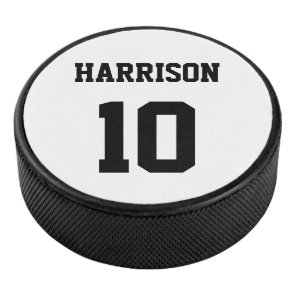 Varsity sports black white custom name number hockey puck