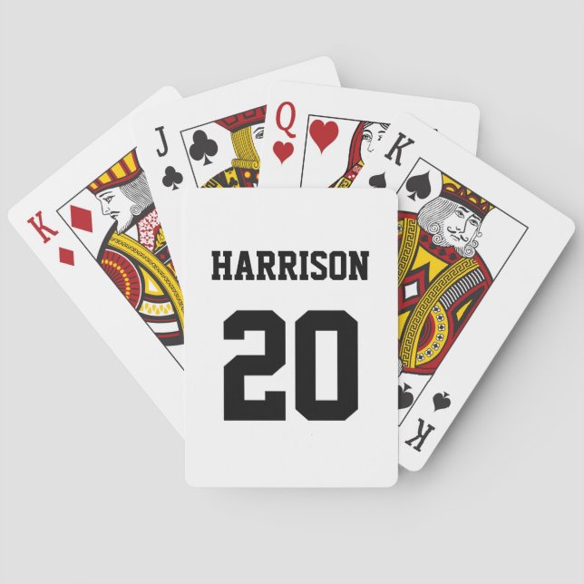 Varsity sports black white custom name number poker cards (Back)