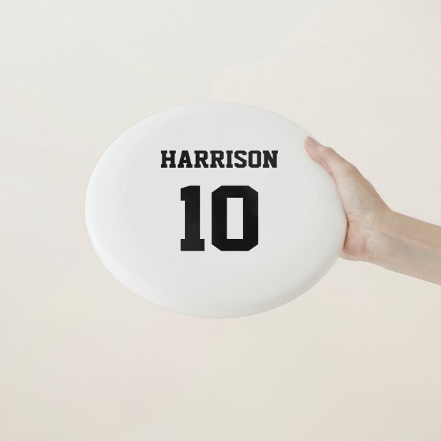 Varsity sports black white custom name number Wham-O frisbee (In Hand)