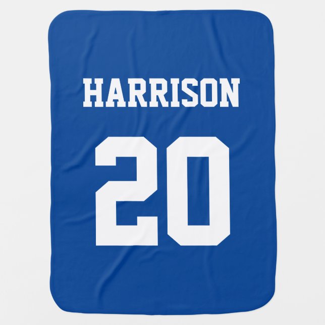 Varsity sports blue white custom name number baby blanket (Front)