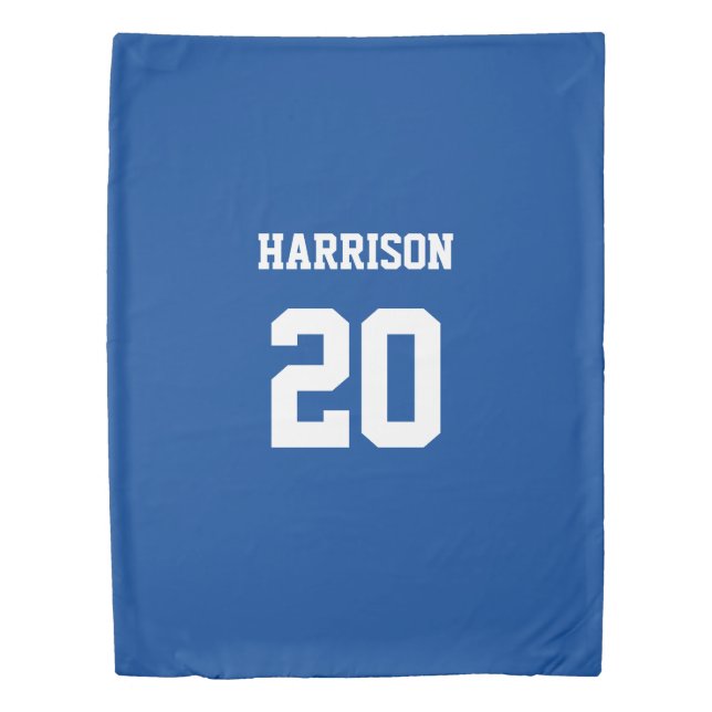 Varsity sports blue white custom name number duvet cover (Front)
