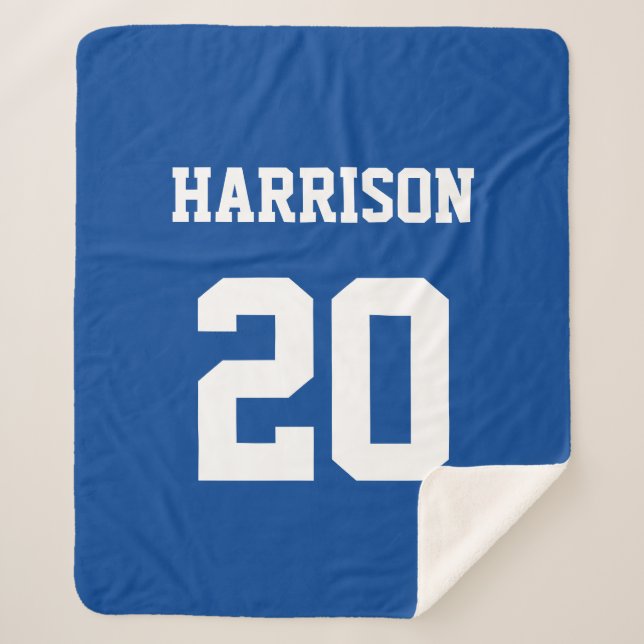 Varsity sports blue white custom name number sherpa blanket (Front)