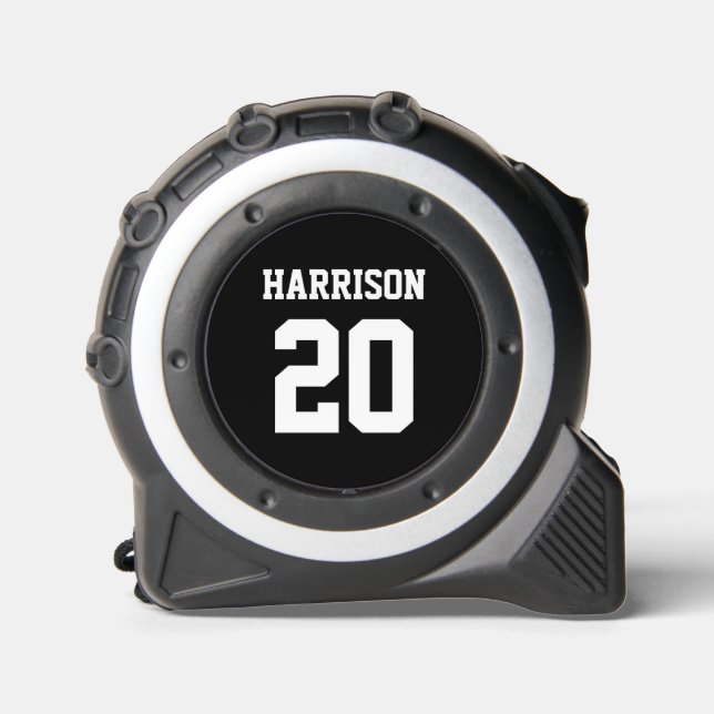 Varsity sports white black custom name team number tape measure (Front)