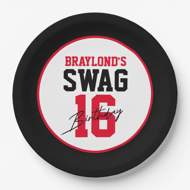 Varsity Style Red Swag 16 Birthday Paper Plates (Front)