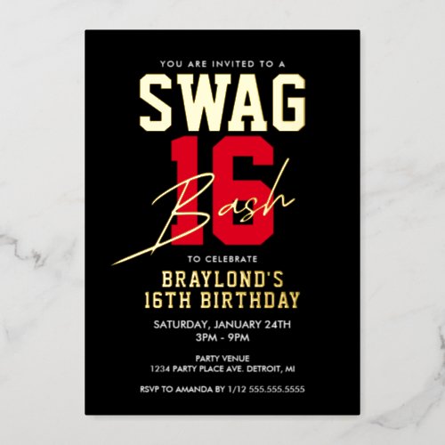 Varsity Style Swag 16 Birthday Foil Invitation