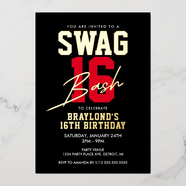 Varsity Style Swag 16 Birthday Foil Invitation (Front)