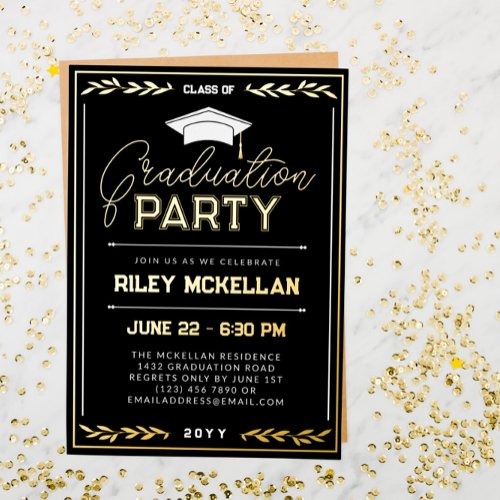 Varsity Typography Black Gold Graduation Party Foil Invitation