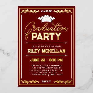 Varsity Typography Red Gold Graduation Party Foil Invitation