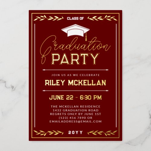 Varsity Typography Red Gold Graduation Party Foil Invitation