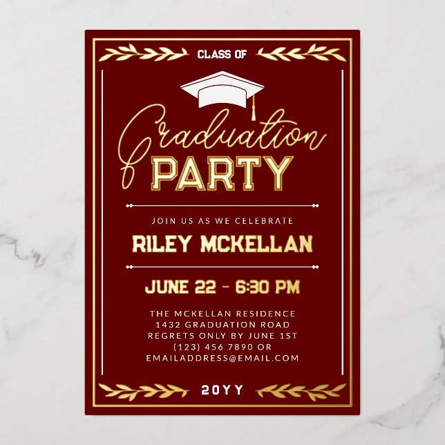 Varsity Typography Red Gold Graduation Party Foil Invitation (Front)