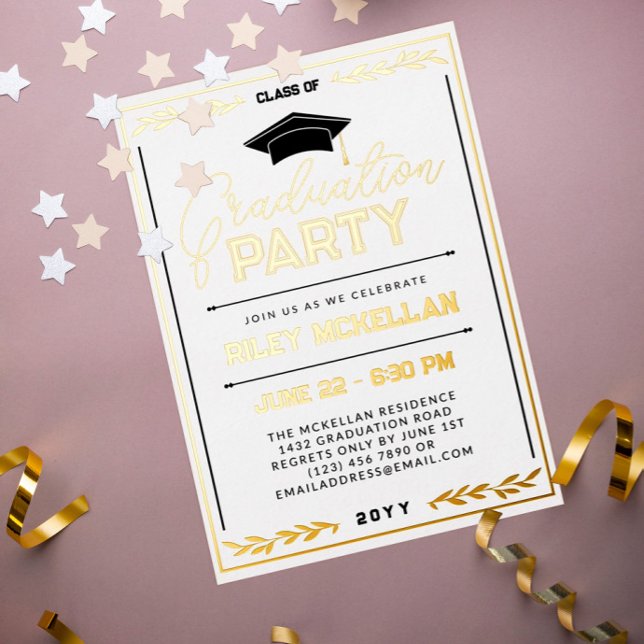 Varsity Typography White Gold Graduation Party Foil Invitation (Creator Uploaded)