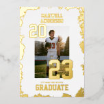 Varsity White and Gold Sports Graduation Party Foil Invitation<br><div class="desc">Celebrate your sports grad with this varsity style invitation. The design features foil grunge finishes and varsity style numbers to announce your sports grad! This is perfect for any athlete - football,  basketball,  soccer,  baseball,  softball,  hockey,  lacrosse,  volleyball and more!

The background color is changeable with the design tool.</div>