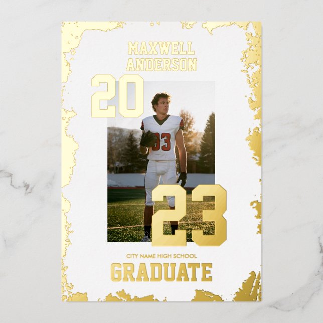 Varsity White and Gold Sports Graduation Party Foil Invitation (Front)