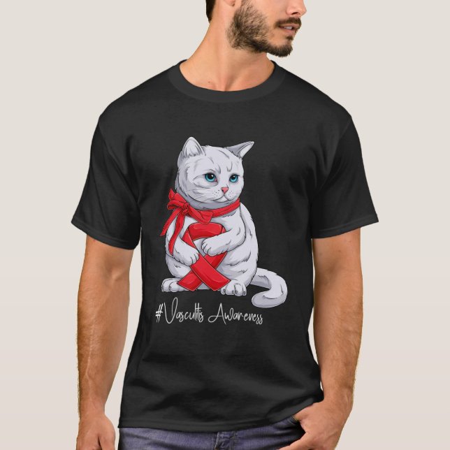 Vasculitis Awareness Month Red Ribbon Cat T-Shirt (Front)