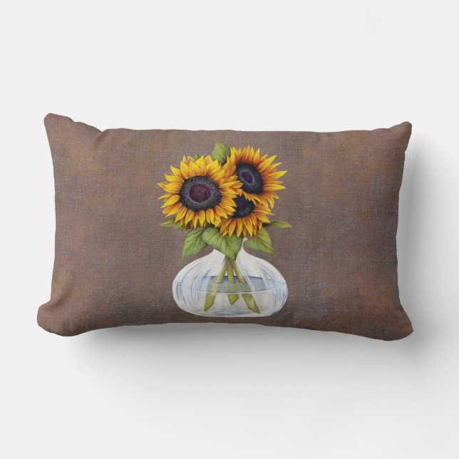Vase Beautiful Sunflowers on Brown Rustic Lumbar Lumbar Pillow (Front)