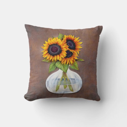 Vase of Beautiful Sunflowers on Brown Rustic Throw Pillow