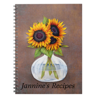 Vase of Beautiful Sunflowers on Rustic Brown Notebook