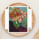 Vase of Chrysanthemums Claude Monet Postcard<br><div class="desc">A fine art postcard with the impressionist painting,  Vase of Chrysanthemums (1882) by Claude Monet (1840-1926).  A beautiful still life of blooming red mums in a green vase.</div>