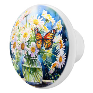 Vase of Daisies Pretty Floral Ceramic Knob