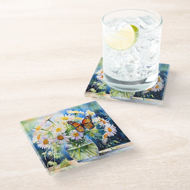 Vase of Daisies Pretty Floral   Glass Coaster (Angled)