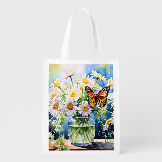 Vase of Daisies Pretty Floral   Grocery Bag (Front)