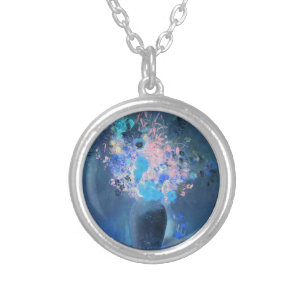 Vase of Flowers (Blue Rendering), Odilon Redon Silver Plated Necklace