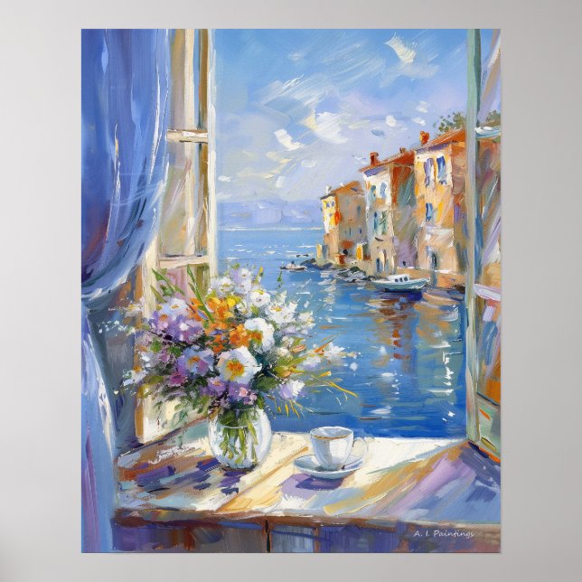 Vase of Flowers Window with View of Italian Coast Poster (Front)