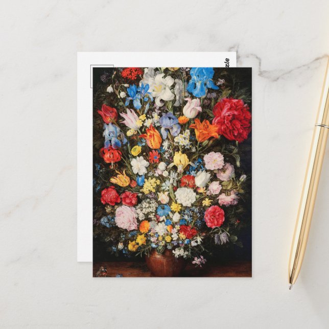 Vase of Flowers with Jewel, Coins and Shells, 1606 Postcard (Front/Back In Situ)