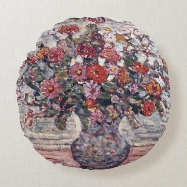 Vase of Flowers, Zinnias by Maurice Prendergast Round Pillow (Front)