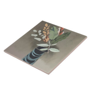 Vase of leaves minimalist art ceramic tile