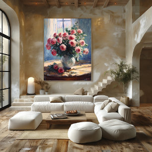 Vase of Pink Roses by Window – Impressionist Art Poster