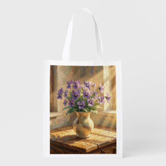 Vase of Purple Violets Impasto Grocery Bag
