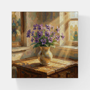 Vase of Purple Violets Impasto Paperweight
