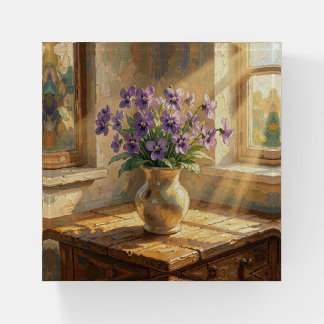 Vase of Purple Violets Impasto Paperweight