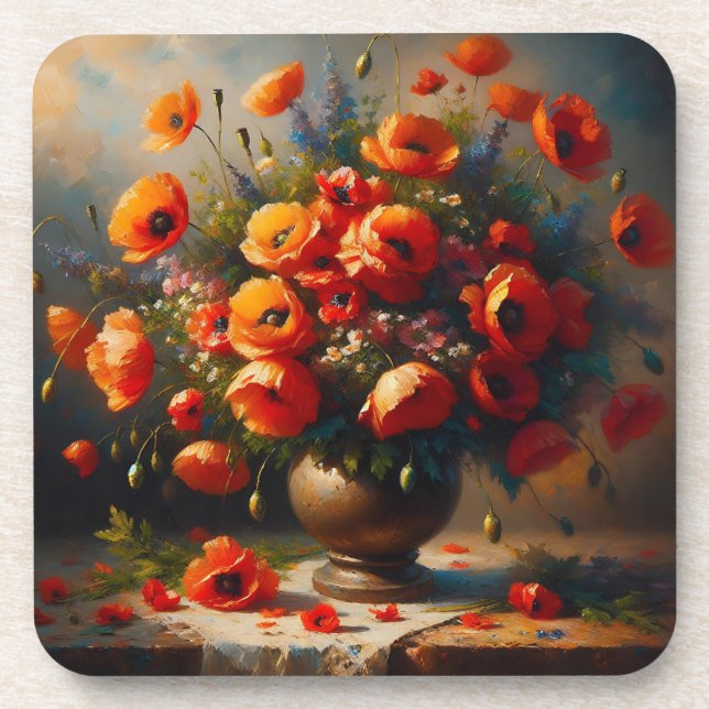 Vase of Red Poppies Beverage Coaster (Front)