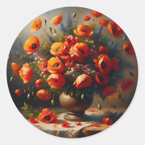 Vase of Red Poppies Classic Round Sticker