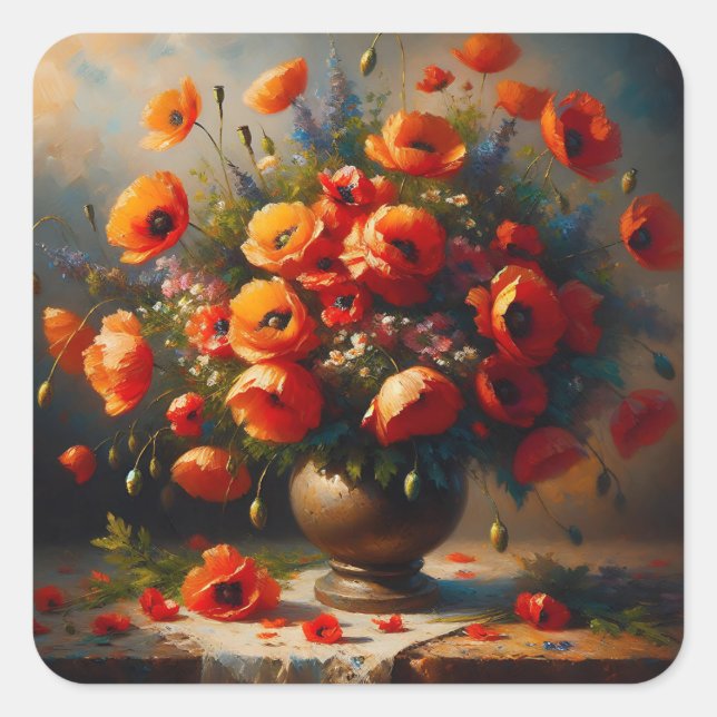 Vase of Red Poppies Square Sticker (Front)