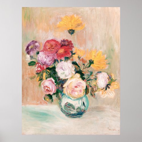 Vase Of Roses And Dahlias Renoir  Poster