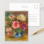 Vase of Roses | Renoir Postcard<br><div class="desc">Vase of Roses (1913-1915) | Original artwork by French Impressionist artist Pierre-Auguste Renoir (1841-1919). The fine art painting depicts an abstract impressionist still life of pink roses in a blue vase against a moody background. 

Use the design tools to add custom text or personalize the image.</div>