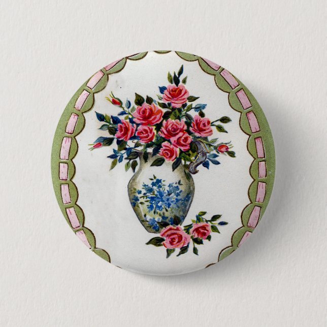 Vase of Roses with A Ribbon Frame Button (Front)
