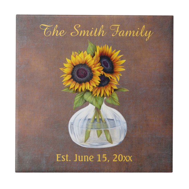 Vase of Sunflowers on Brown Family Name Date Est. Ceramic Tile (Front)