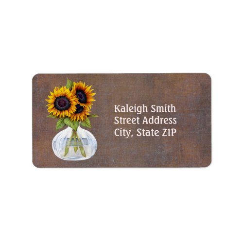 Vase of Sunflowers on Rustic Brown Address Label