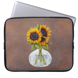Vase of Sunflowers on Rustic Brown Laptop Sleeve