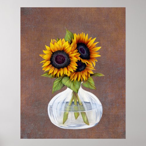 Vase of Sunflowers on Rustic Brown Poster