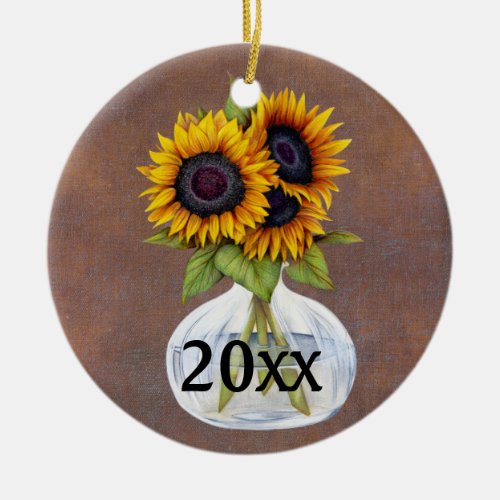 Vase of Sunflowers on Rustic Brown Year Ornament
