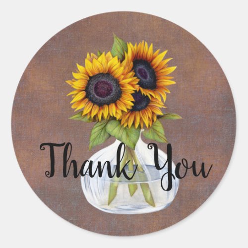 Vase of Sunflowers Rustic Brown Thank You Sticker