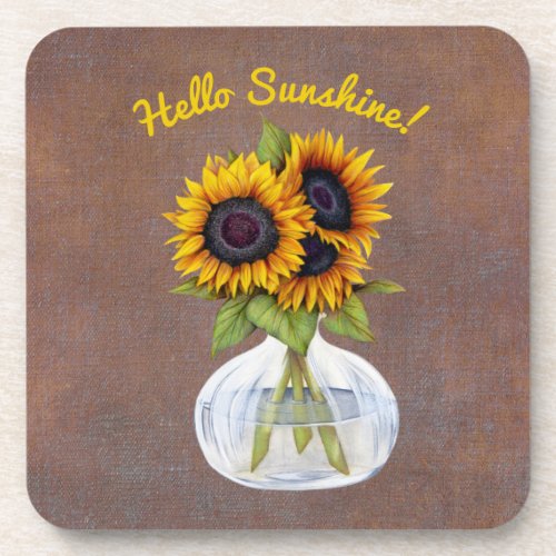 Vase of Three Beautiful Sunflowers on Brown Beverage Coaster