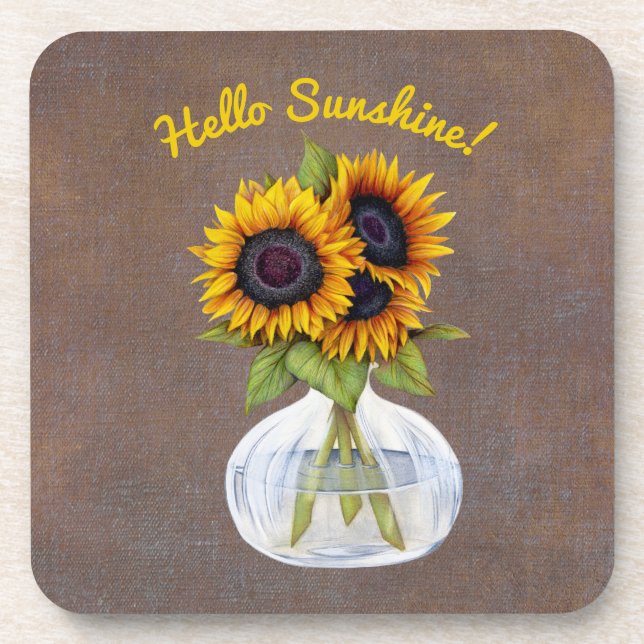 Vase of Three Beautiful Sunflowers on Brown Beverage Coaster (Front)